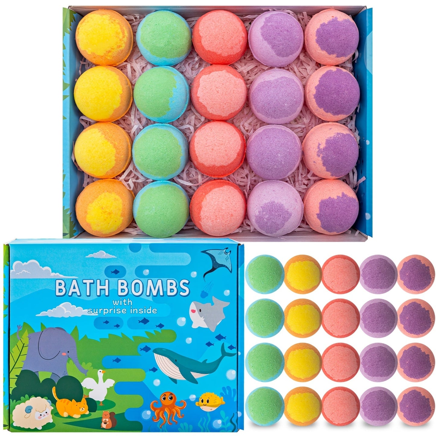 Ocean Bath Bombs Gift Set 20pcs Sea Themed Fizzy Bath Salt Balls Fun Treasure Shapes Colorful Scented Spa Bombs for Women Girls Kids Birthday Christmas Easter Holiday Variety Pack
