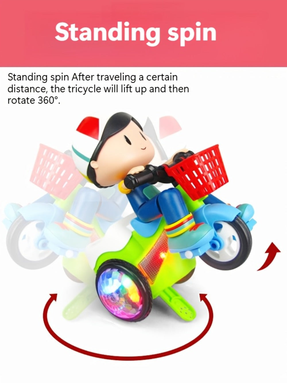 Kids Electric Tricycle Toy Motorcycle with 360° Rotation & Luminous Lights – Push & Power Dual-Mode Stunt Vehicle for Toddlers Boys Girls, Birthday Christmas Gift (Multiple Colors)