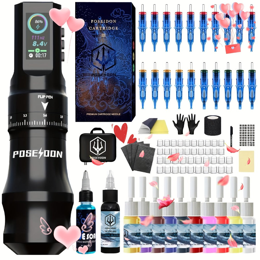 Rotary Tattoo Machine Kit Complete Set TU33 LCD Color Screen 20 Cartridge Needles 11 Inks USB-C Rechargeable Wireless Tattoo Pen for Beginners Apprentices & Artists