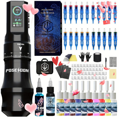 Rotary Tattoo Machine Kit Complete Set TU33 LCD Color Screen 20 Cartridge Needles 11 Inks USB-C Rechargeable Wireless Tattoo Pen for Beginners Apprentices & Artists