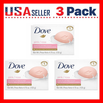 Pink Rosa Moisturizing Beauty Bar Soap 3-Pack 135g Each — 3-in-1 Face Body Hand Cleanser, Deep Hydration Creamy Lather, Gentle Daily Wash for All Skin Types Women & Family
