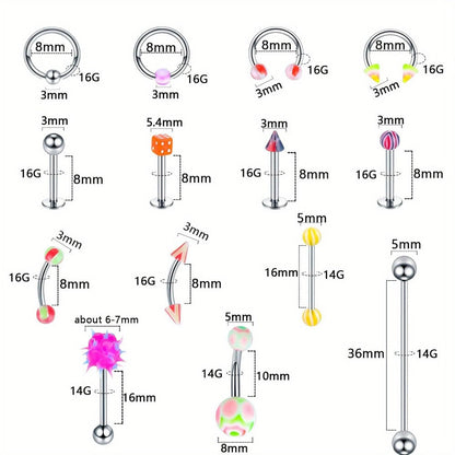Body Piercing Jewelry Set 116pcs Stainless Steel – 14G 16G Mix BCR CBR Labret Lip Rings, Cartilage Daith Earrings, Nose Septum & Belly Studs