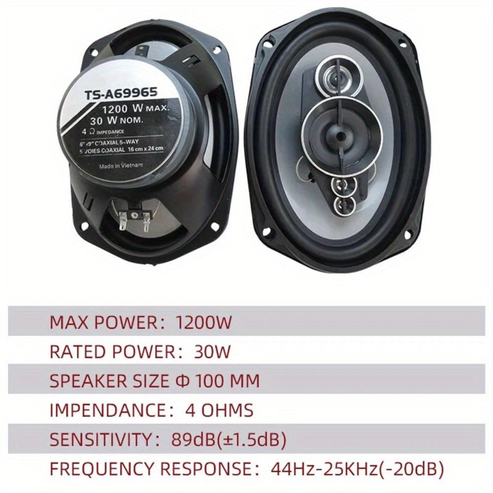 1200W 5-Way Coaxial Car Speakers 6x9 Inch – HiFi Full Range 44Hz-25kHz, 4-Ohm, 89dB Sensitivity, Universal 12V Fit for Car Door Stereo Audio Upgrade (2pc Pair)