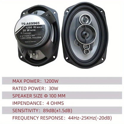 1200W 5-Way Coaxial Car Speakers 6x9 Inch – HiFi Full Range 44Hz-25kHz, 4-Ohm, 89dB Sensitivity, Universal 12V Fit for Car Door Stereo Audio Upgrade (2pc Pair)