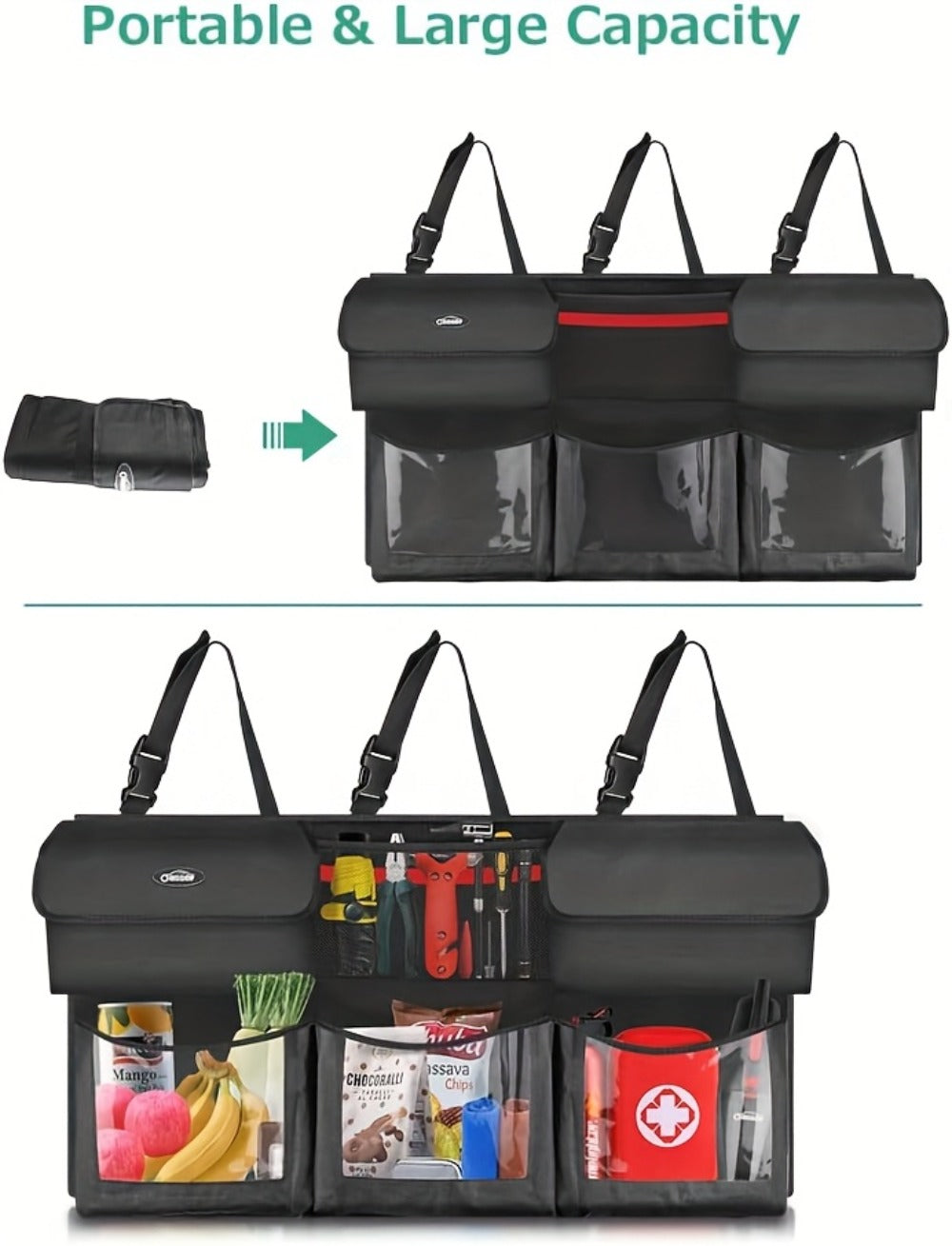 Suspended Car Trunk Organizer – Foldable Rear Seat Cargo Storage Bag with 6 Large Pockets & 3 Adjustable Straps, 40x19 Inch Trunk Organizer for Car