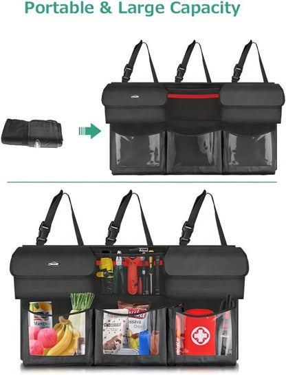 Suspended Car Trunk Organizer – Foldable Rear Seat Cargo Storage Bag with 6 Large Pockets & 3 Adjustable Straps, 40x19 Inch Trunk Organizer for Car