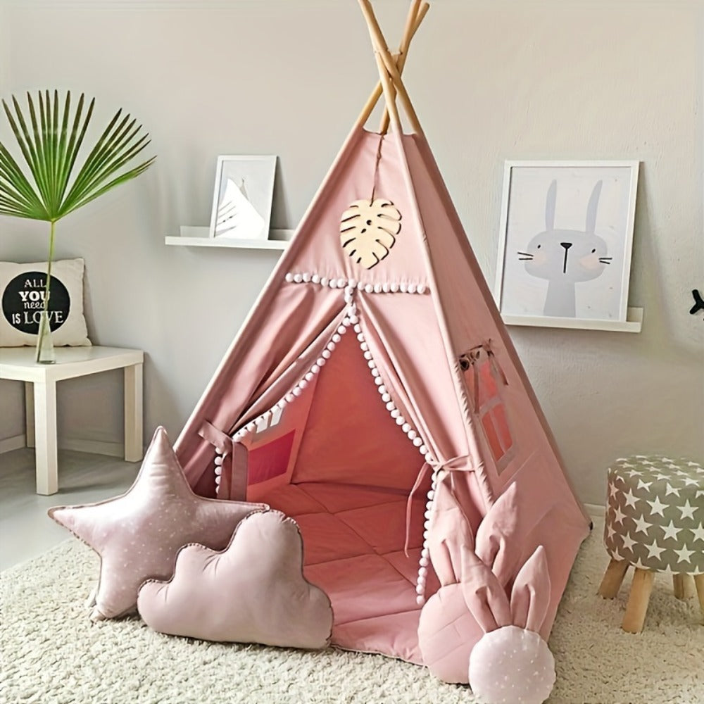 Kids Nordic Style Conical Indoor Play Tent – Teepee Playhouse for Boys & Girls, Beige, No Bottom Pad | Cozy Reading Nook & Imaginative Play Space | Birthday Christmas Gift