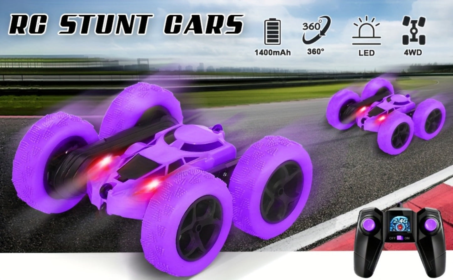 RC Stunt Car Double Sided 360 Degree Flip Remote Control Car with LED Headlights & 1400mAh Rechargeable Battery – 2.4GHz Rotating Drift Trick Car for Kids Ages 6+, Birthday Christmas Gift Boys Girls Blue Pink Orange
