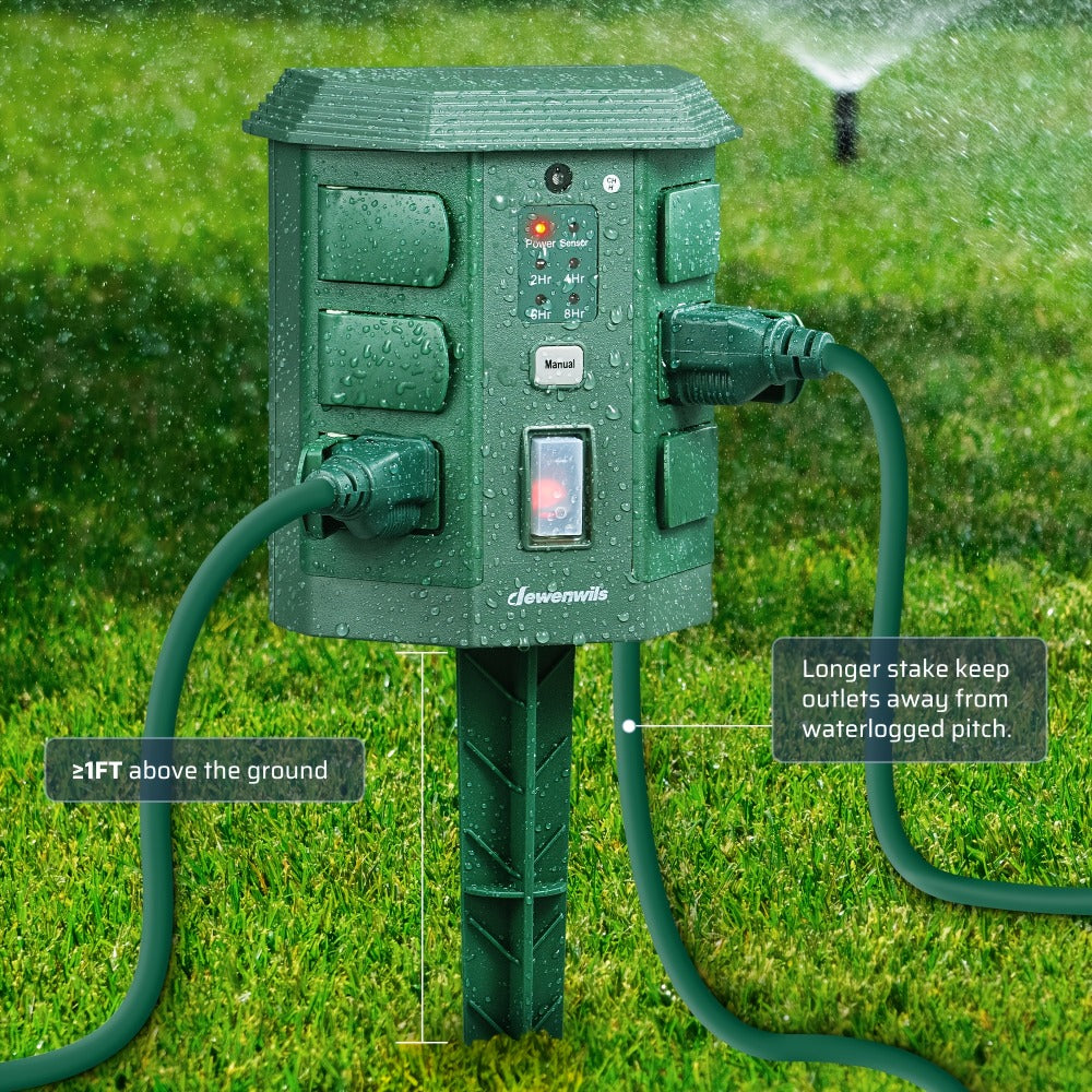 Outdoor Power Stake Timer 6 Outlet Weatherproof – 100FT Wireless Remote Control, Dusk to Dawn Photocell Sensor, 7 Timer Modes, 6FT Cord, Overload Protection for Garden Yard Christmas Holiday Lights