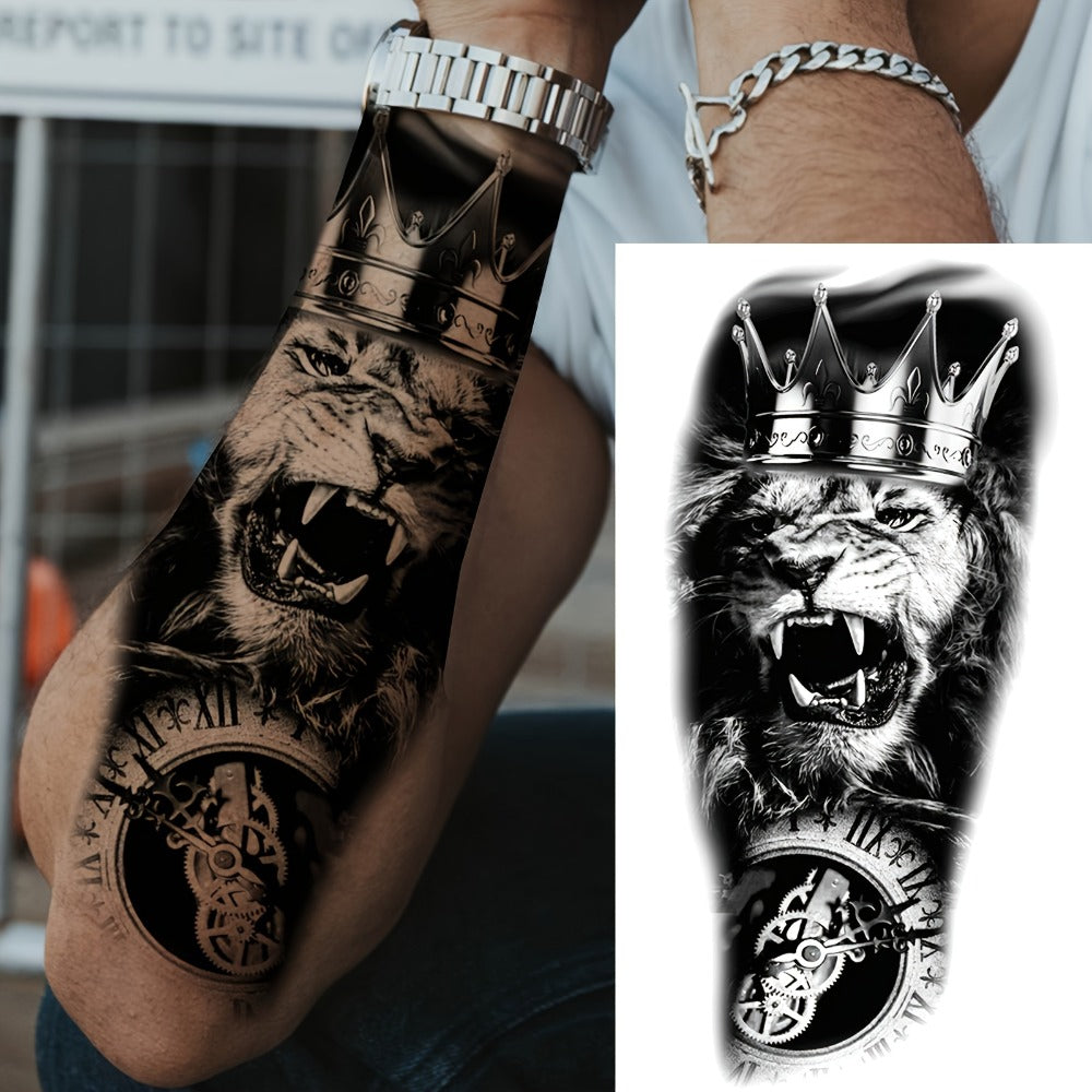Temporary Tattoo Half Sleeve 32 Sheets 3D Realistic Animal Tribal Wolf Lion Tiger Skull Rose Flower Fake Tattoo Stickers for Men Women Adults Forearm Body Art Large Waterproof Long Lasting