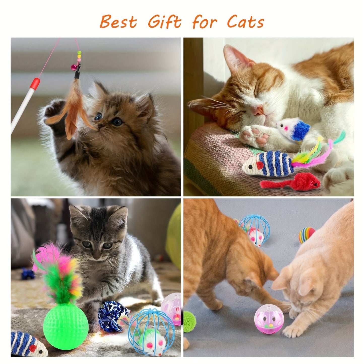 Cat Toys Set 32 Pcs Interactive Kitten Toy Assortment with Rainbow Tunnel, Feather Teaser Wand, Sisal Mice, Bell Balls & Crinkle Balls - Indoor Cat Enrichment Toy Bundle