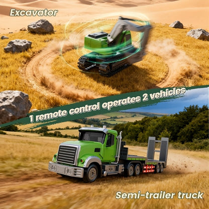 RC Semi Truck with Flatbed Trailer & Alloy Excavator Set 1:12 Scale | 11-Channel Dual Control, Sound & Lights | Construction Engineering Toy for Kids Boys