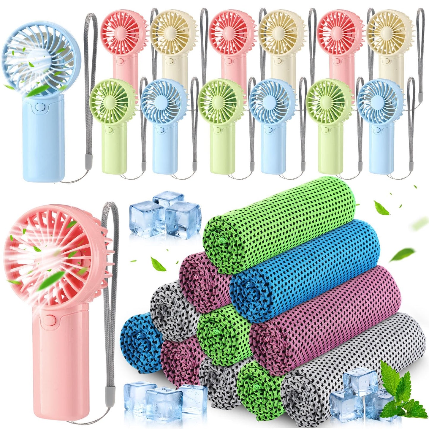 Portable Cooling Towel & Handheld Fan Set 24-Pack – Mini Ice Towels with Fans for Sports, Gym, Yoga, Travel & Camping, Multicolor Reusable Chilling Cloth & Fan Combo, Summer Heat Relief Kit