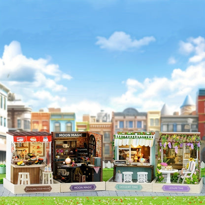 DIY Wooden Tiny House Kit with Dust Cover – Handmade Miniature Dollhouse Puzzle, 3 Themes Afternoon Tea Rotating Food House Moon Magic, Creative Home Decor Gift for Adults & Teens Birthday Christmas