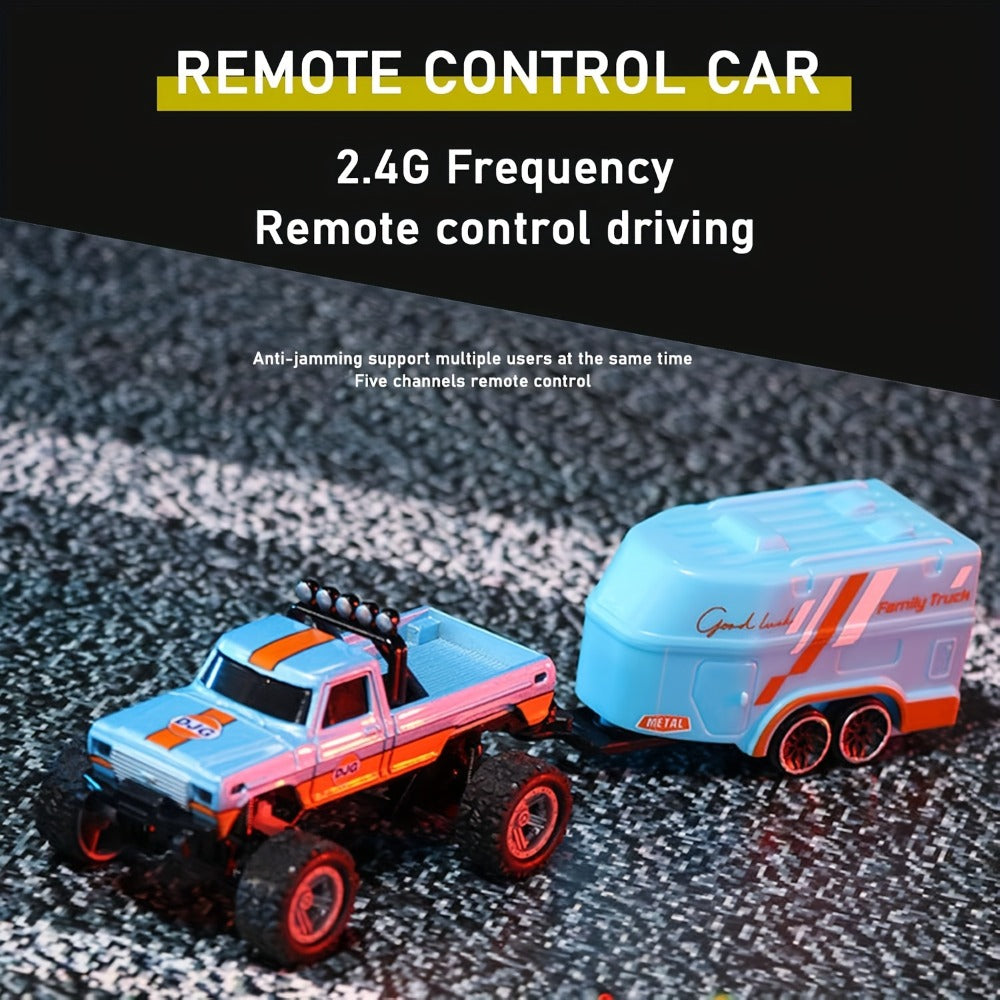 Mini RC Truck Toy 1:64 Scale 2.4GHz Off-Road Alloy Crawler with Detachable Trailer Body Lights & LED Headlights – Collectible Remote Control Truck Model Gift for Boys Girls Adults Blue Green Red