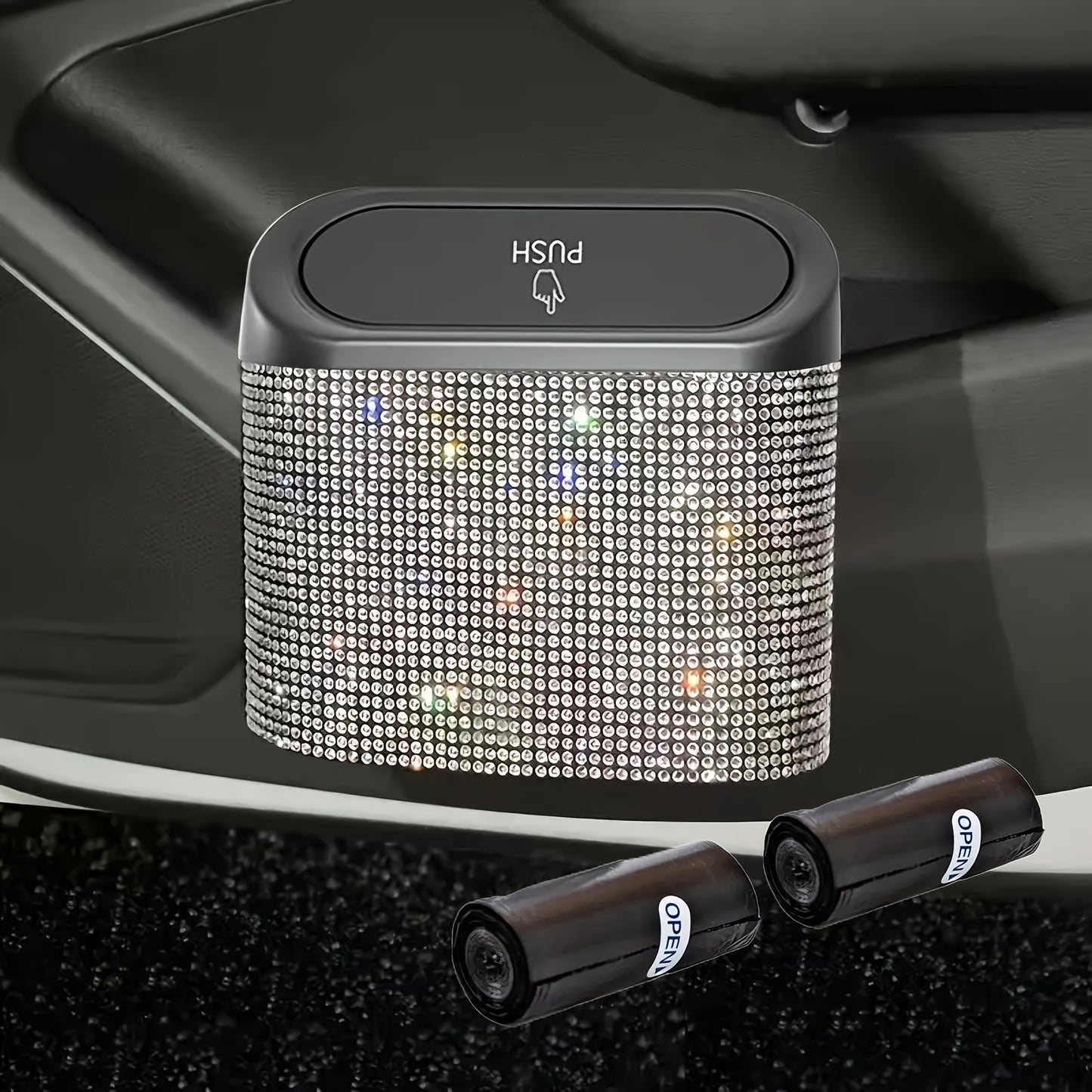 3pcs/Set 1pc Sparkling Rhinestone Car Trash Can with Lid, Plus 2 Trash Bag-Concealed Hanging Interior Storage Bin, Versatile Car Additions, Leakproof Automotive Garbage Container Bin, Storage Bin for Vehicle Interior, Door, Seat Back, Home, Office