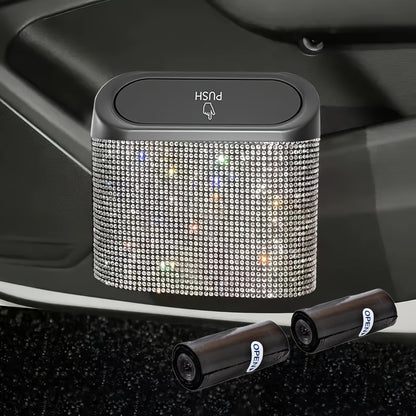3pcs/Set 1pc Sparkling Rhinestone Car Trash Can with Lid, Plus 2 Trash Bag-Concealed Hanging Interior Storage Bin, Versatile Car Additions, Leakproof Automotive Garbage Container Bin, Storage Bin for Vehicle Interior, Door, Seat Back, Home, Office