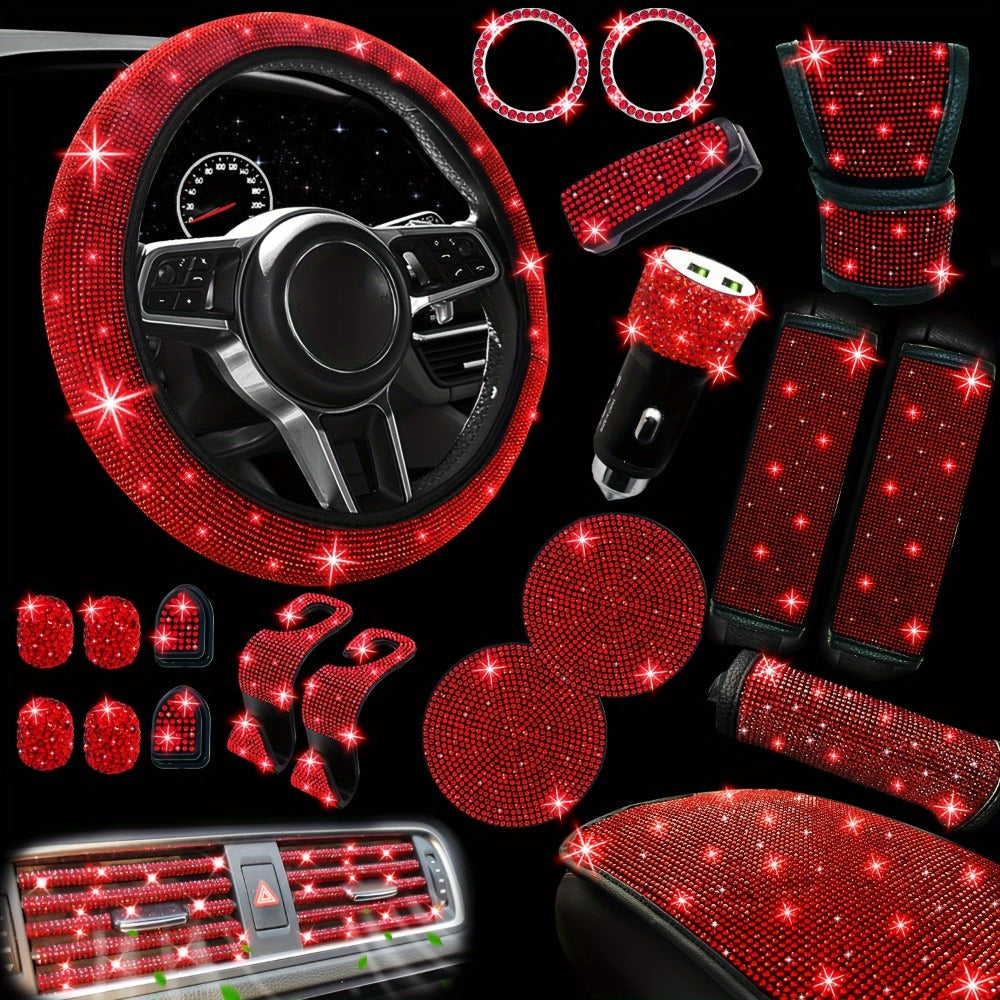Bling Car Interior Accessories Set for Women 30-Piece – Steering Wheel Cover Universal 15 Inch, Seat Belt Covers, Armrest Cover & Gear Shift Cover, Woven Glitter Car Décor Kit