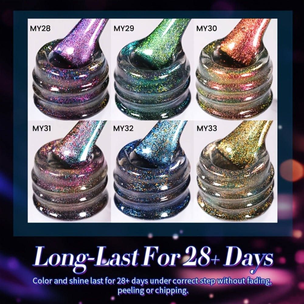 Cat Eye Gel Nail Polish Set 6 Colors 9D Magnetic Polaris Glass Water Light Effect - Semi-Permanent Soak Off LED UV Gel 0.34oz Each - Long Lasting Shimmer Nail Art for Women Salon Home DIY