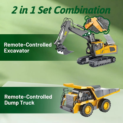 RC Construction Vehicle Set 2-in-1 & 3-in-1 – 2.4G 11-Channel Remote Control Excavator Dump Truck Forklift Bulldozer, Alloy & Plastic Engineering Toy Car Kit for Kids Boys, Birthday Christmas Gift