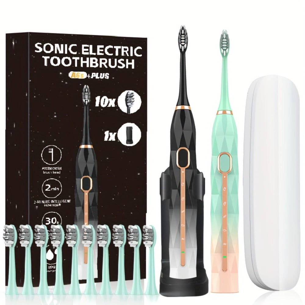 IPX8 Sonic Electric Toothbrush with 8 Replacement Brush Heads — Metal Shaft, USB Rechargeable 500mAh, Travel Case & Holder, Deep Plaque Removal for Adults Men & Women, 5 Colors
