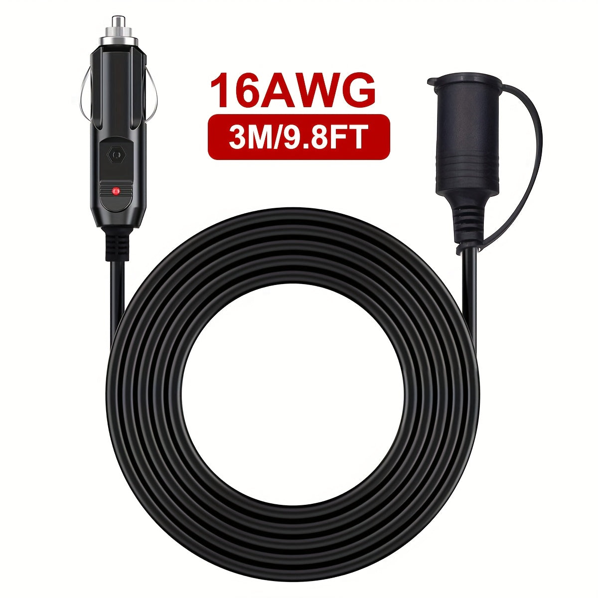 12V Car Plug Extension Cord 16AWG, Heavy-Duty Black Car Charger Plug Cord Male to Female Socket with LED Light for RV, Campervan DC12V Devices Use