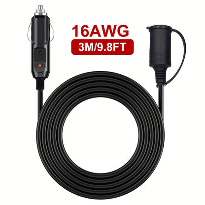 12V Car Plug Extension Cord 16AWG, Heavy-Duty Black Car Charger Plug Cord Male to Female Socket with LED Light for RV, Campervan DC12V Devices Use