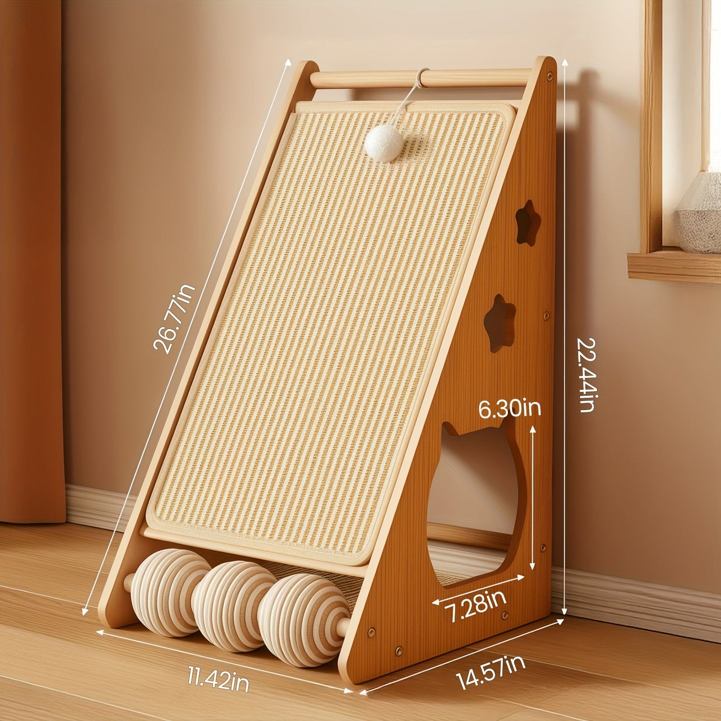 Cat Scratching Board 27 Inch Multi-Functional Sisal Scratcher with Teaser Balls – Wear-Resistant Cat Paw Pads, Furniture Protector, Easy Install Indoor Cat Scratch Pad