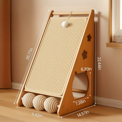 Cat Scratching Board 27 Inch Multi-Functional Sisal Scratcher with Teaser Balls – Wear-Resistant Cat Paw Pads, Furniture Protector, Easy Install Indoor Cat Scratch Pad