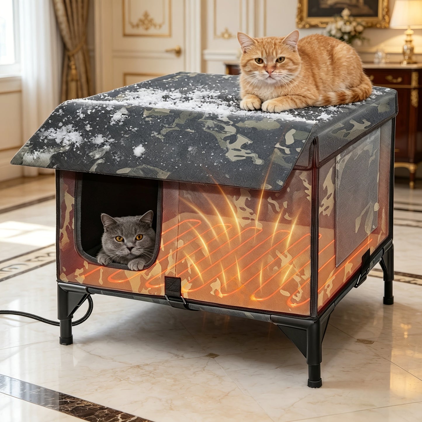 Heated Cat House 3-in-1 with Removable Warming Pad, Elevated Cat Bed for Indoor & Outdoor Cats, Chew-Resistant Cord, Double Door Cat Cave, All-Season Cat Shelter & Condo