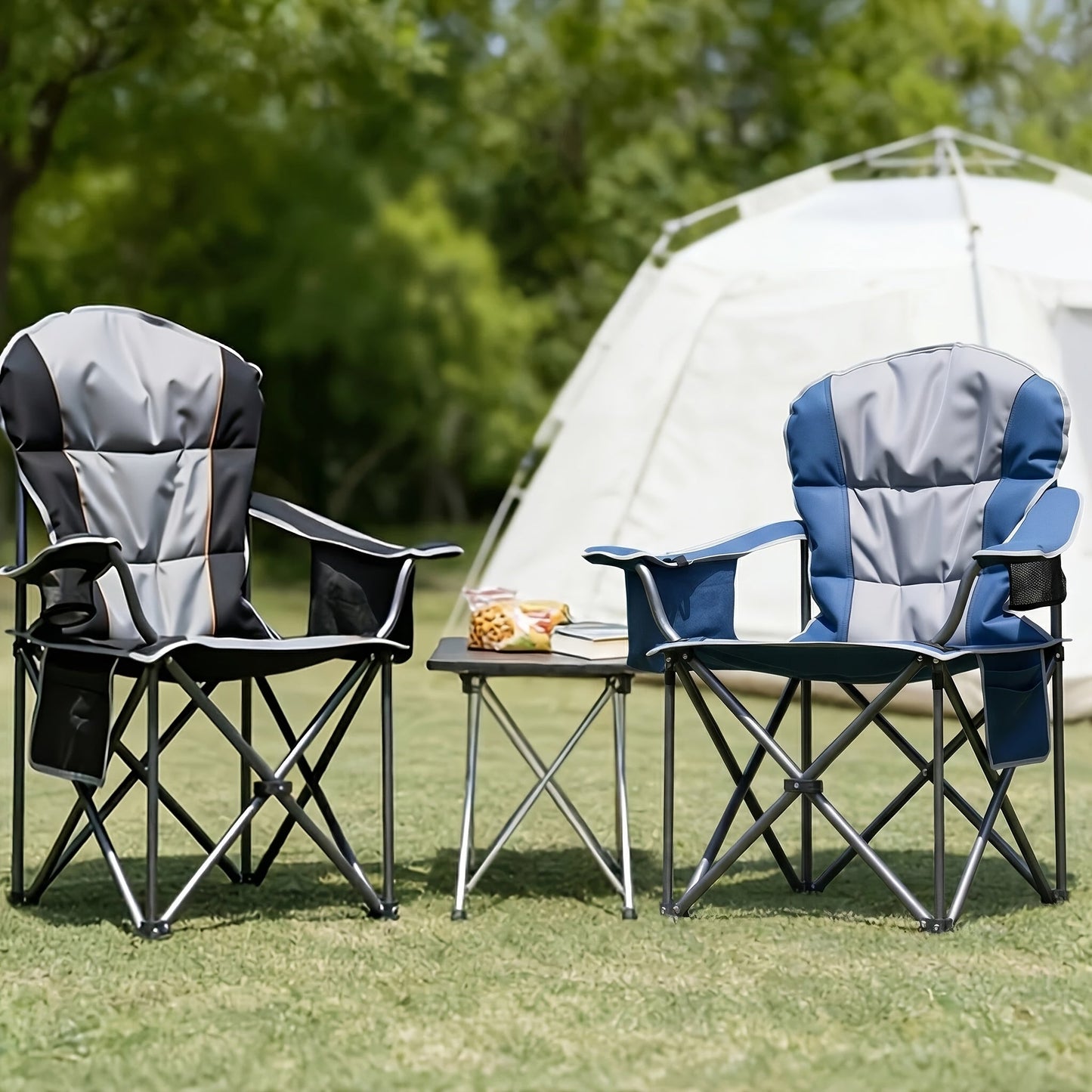 Heavy Duty Folding Camping Chair 600 Lbs Capacity – Padded Seat, Insulated Cooler Bag, Organizer Pockets & 2 Cup Holders for Camping, Beach, Fishing & Outdoor Events