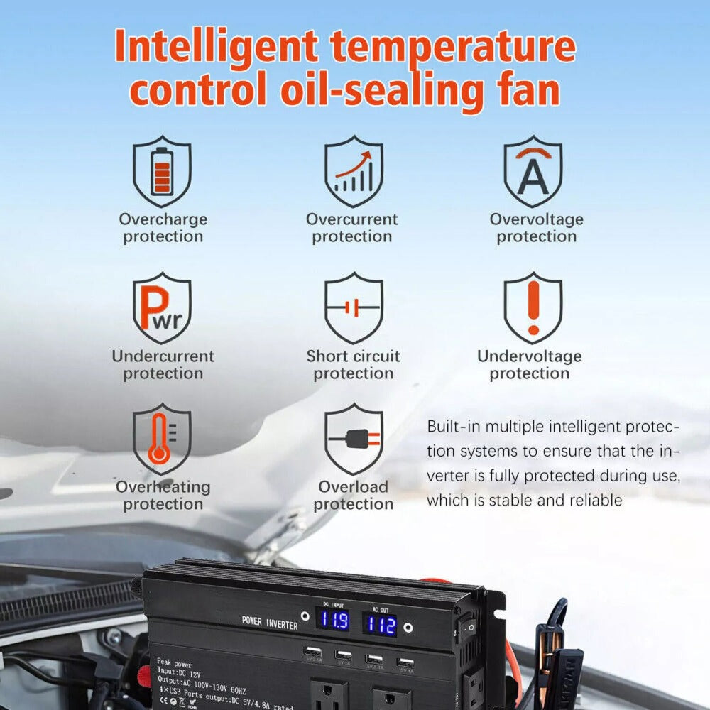 6600W Peak Pure Sine Wave Power Inverter 12V/24V DC to 110V AC – LCD Display, 4 USB Ports, US Outlets, 95% Efficiency for Car, Truck, RV & Solar
