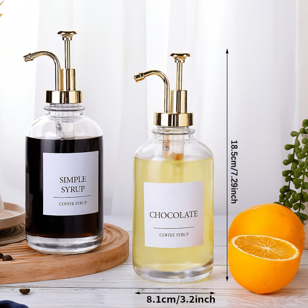 Glass Syrup Dispenser with Pump 4 Pack 16.9oz 500ml Coffee Bar Accessories Set with Silicone Funnel and Labels for Simple Syrup Vanilla Caramel Sauce Condiment Honey Oil Kitchen Bar Decor