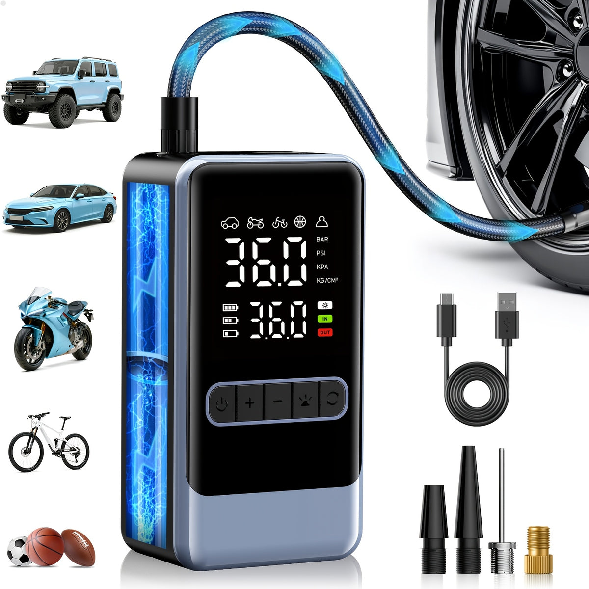 Portable Air Compressor | 150PSI Cordless Tire Inflator with Digital Pressure Gauge and LED Light, USB Charging, Quick Charge, Lithium Polymer Battery, for Car, Moto, Bicycle, Roadside Assistance and Emergency Support in All Terrains