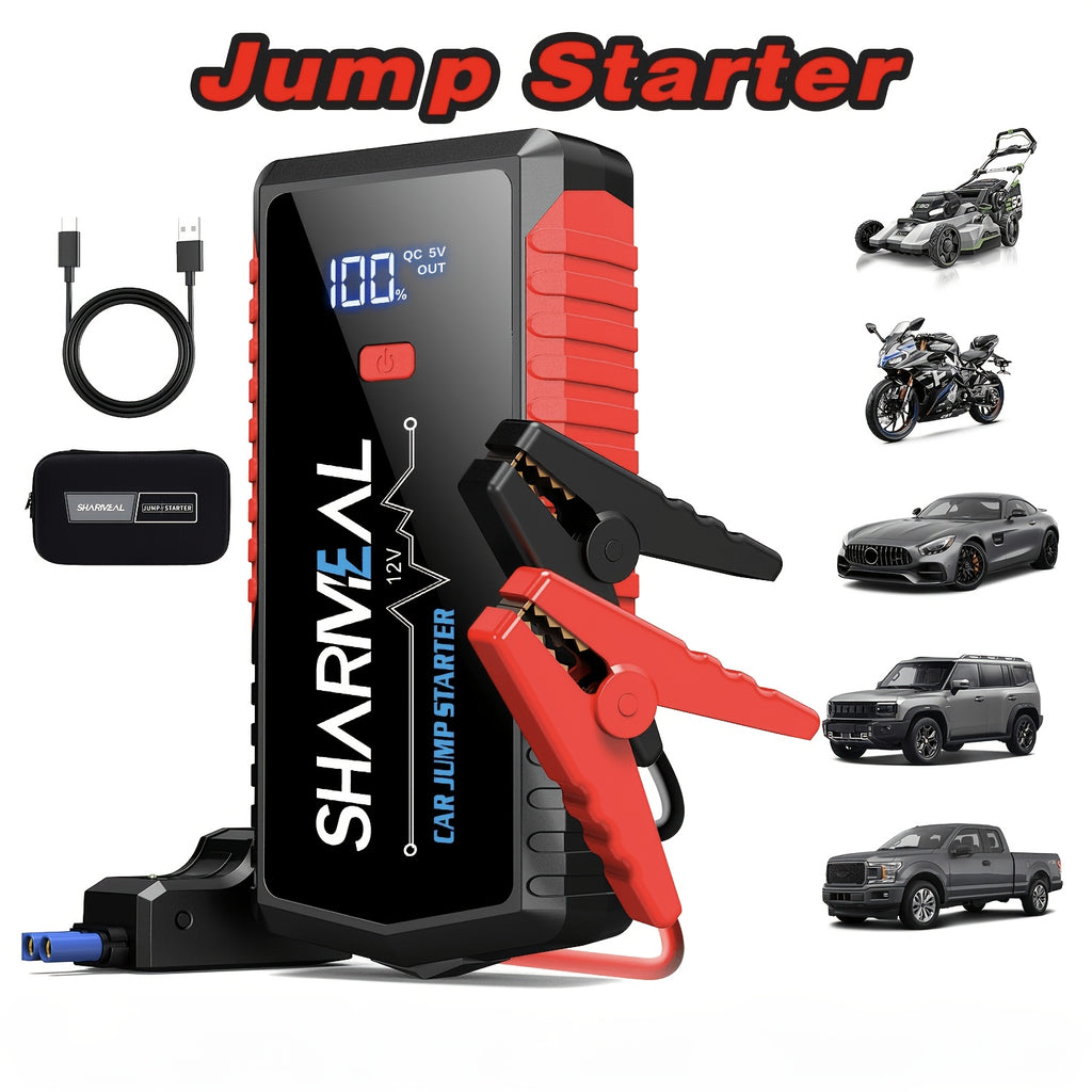 SHARMEAL 9-In-1 Portable Car Battery Jump Starter And Window Breaker Hammer with Built-In 3-Mode LED Flashlight And Heavy-Duty Jumper Cables, Ideal for Cars, Suvs, Trucks, Rvs