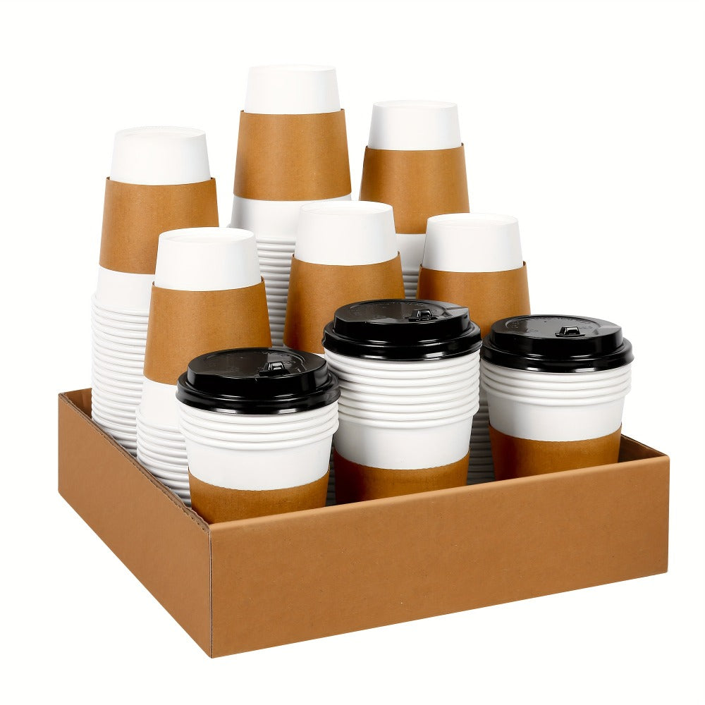 Disposable Paper Coffee Cups with Lids and Sleeves 12oz – Leak-Proof To-Go Hot Coffee Cups with Insulated Sleeve for Home, Office, Party & Coffee Bar | 50 or 100 Pack