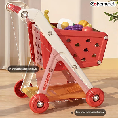 Kids Pretend Play Shopping Cart Toy Set with Realistic Food & Grocery Accessories – Supermarket Role Play for Toddlers Girls Boys Ages 3+, Blue, Birthday Christmas Gift