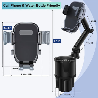 Cup Holder Phone Mount 2-in-1 Car Cup Holder Expander with Long Arm & 360° Rotation – Universal Cell Phone Holder for Car Compatible with All Smartphones