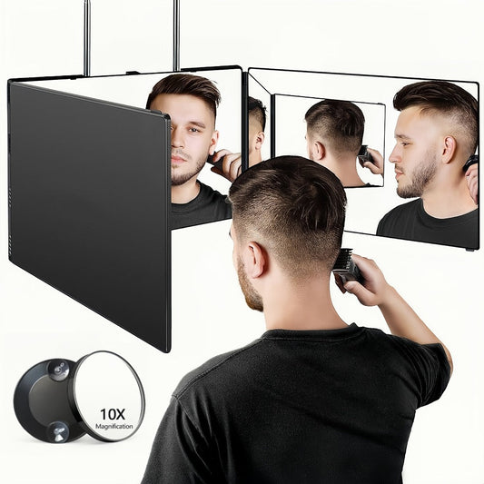 Self Hair Cutting Mirror 360° View 3-Way Anti-Fog HD Glass with 10X Magnifying Mirror - Height Adjustable Door Wall Table Mount DIY Home Barber Mirror for Men Women