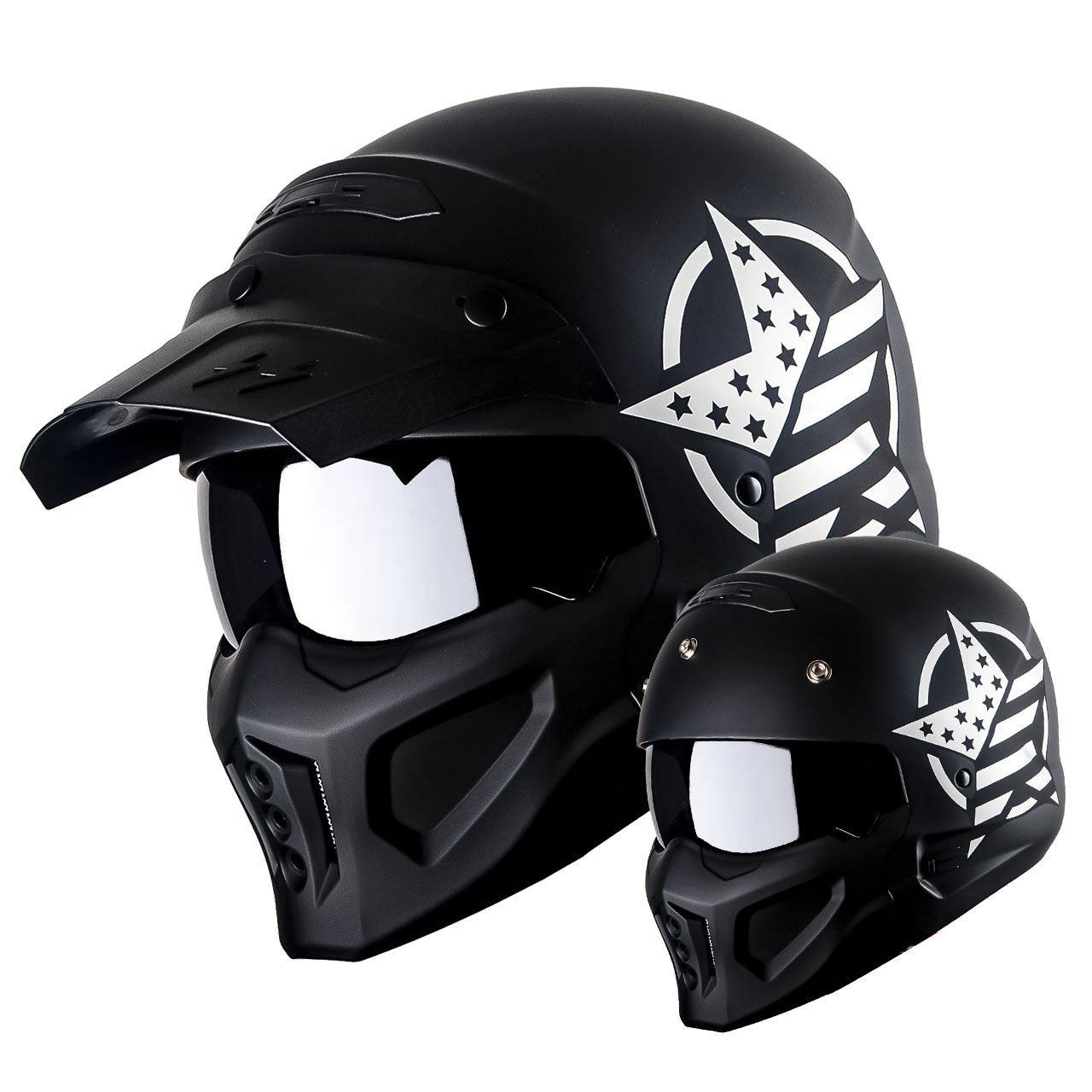 Convertible Motorcycle Helmet Full Face & Open Face 2-in-1 – Detachable Visor, Face Mask & Smoked Shield, Aerodynamic Thermoplastic Shell, Classic Style, Adult S/M/L/XL