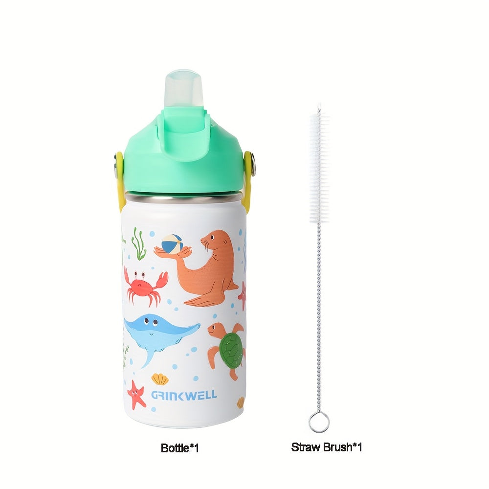 Insulated Stainless Steel Water Cup with Straw | 12oz 340ml, 3D Cartoon Pattern, Double Wall, Handle & Straw Brush – Travel, School & Outdoor