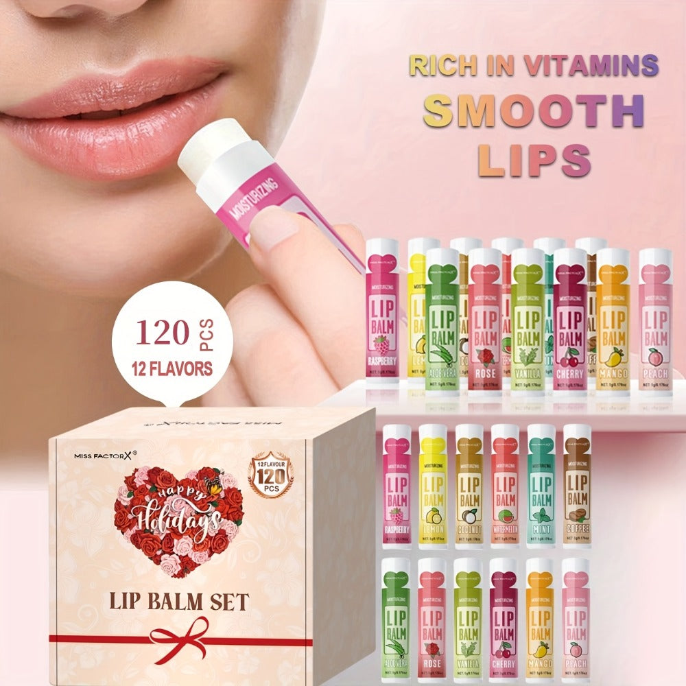 Moisturizing Lip Balm Bulk Set 120 Pcs — 12 Flavors Lip Butter with Jojoba Oil, Glossy Natural Shine Long-Lasting Hydration for All Skin Types, Holiday Party Favor Gift for Women Girls