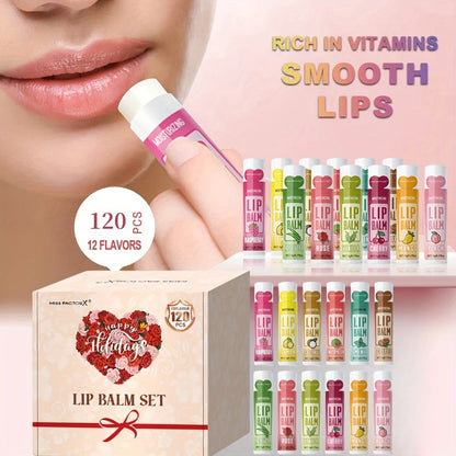 Moisturizing Lip Balm Bulk Set 120 Pcs — 12 Flavors Lip Butter with Jojoba Oil, Glossy Natural Shine Long-Lasting Hydration for All Skin Types, Holiday Party Favor Gift for Women Girls