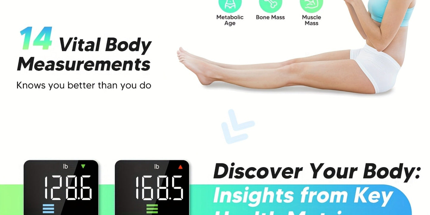 Smart Body Scale 14-in-1 – Body Fat Scale with BMI, Muscle Mass & 14 Health Metrics, Wireless Bluetooth App Sync, Auto Recognition, 500 lb Capacity, HD LED Display for Home & Gym Use