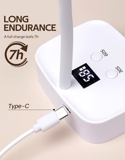 Gooseneck LED Nail Lamp 360° Flexible Portable USB Rechargeable Gel Nail Dryer Auto Sensor LCD Display 2 Timer Settings 9-Bead Dual Light Quick Dry for Home Salon Gel Polish Nail Art White