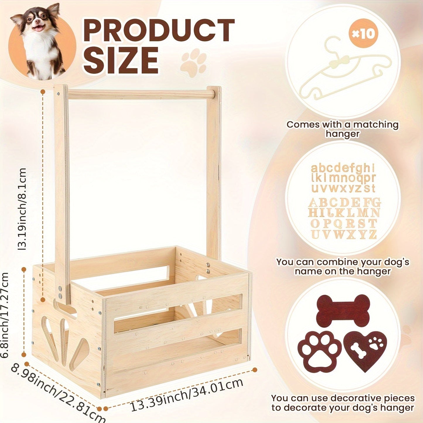 Wooden Pet Wardrobe Storage Box 20"x13"x9" – Dog & Cat Toy Organizer with Hanging Pole & PET Letters | Easy Assemble Basket for Pet Clothing, Accessories & Toy Storage, Natural Wood