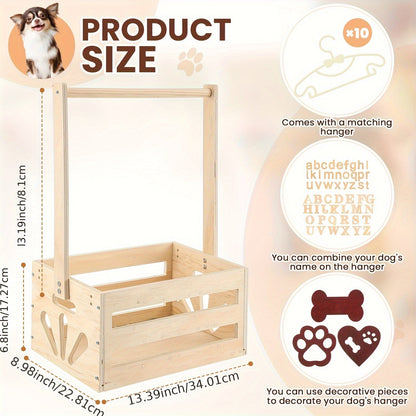 Wooden Pet Wardrobe Storage Box 20"x13"x9" – Dog & Cat Toy Organizer with Hanging Pole & PET Letters | Easy Assemble Basket for Pet Clothing, Accessories & Toy Storage, Natural Wood