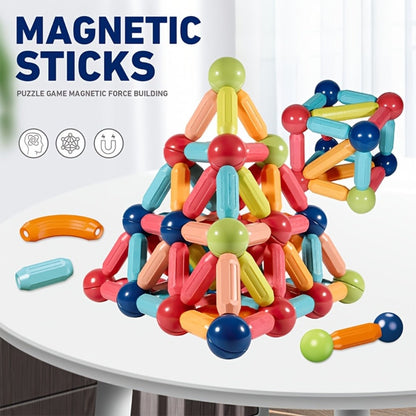 Magnetic Building Sticks Set 62 Pcs – 360° Rotating Oversized Magnetic Tiles Balls Educational 3D STEM Toy Kids Ages 3+ Build Castles Cars Shapes Birthday Christmas Gift
