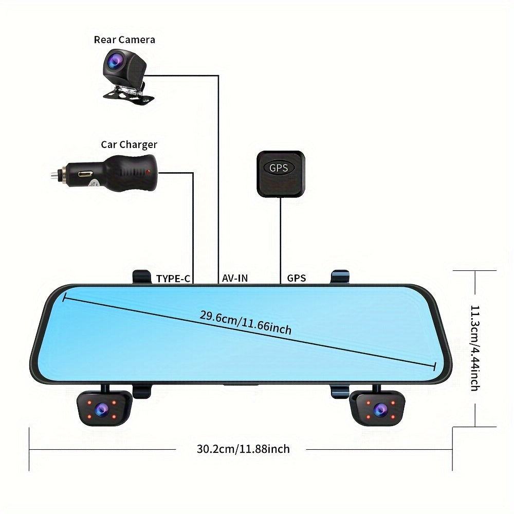 11.66" Rearview Mirror Dash Camera for Vehicles Featuring a Touch Screen, Wifi, GPS, And Multi-Functionality. It Includes a 360° Camera, 4K+1080P Recording for Front, Back, Left, And Right Views, a Night Vision G-Sensor, Loop Recording