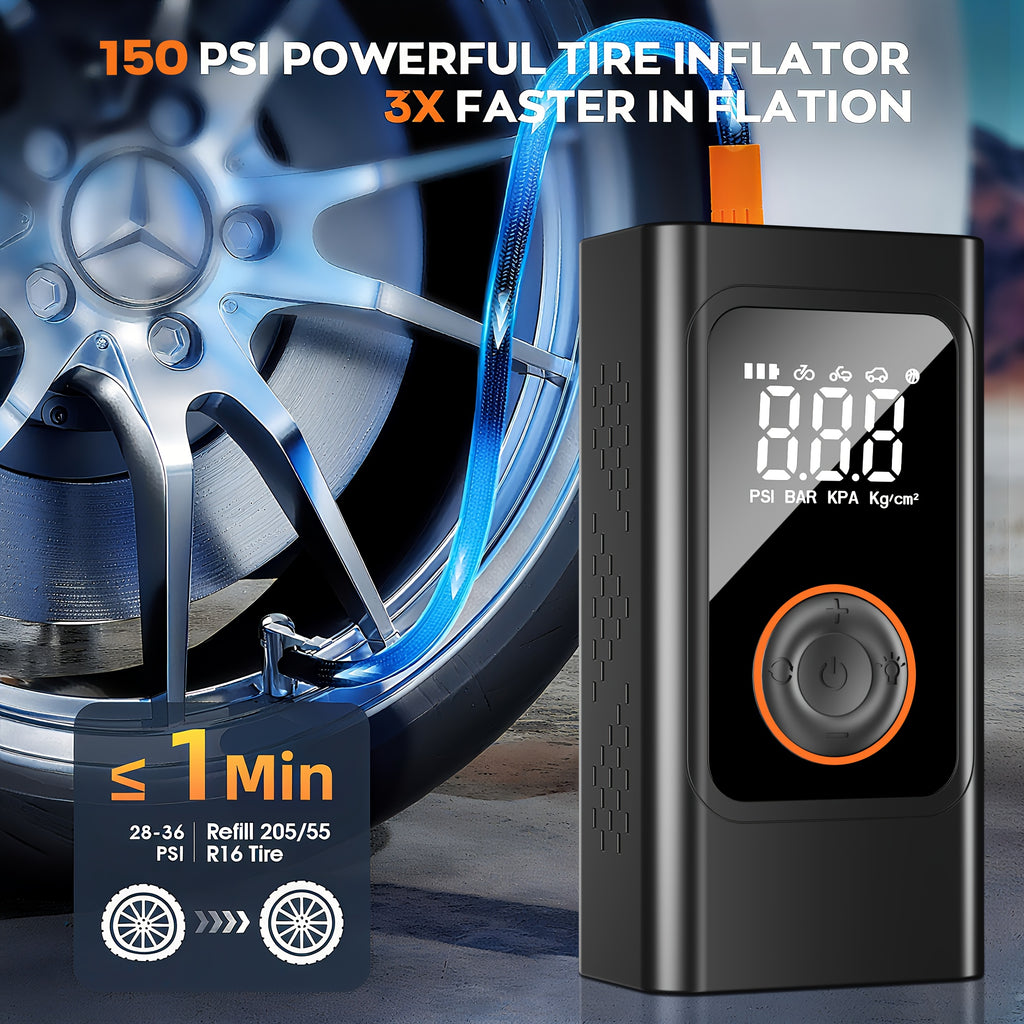 Portable Tire Inflator - 150PSI Air Compressor with Preset Pressure Auto-Stop, USB-C Fast Charge And LED Light, Multi-Mode for Car, Moto, Bike, Ball, Air Pump Ideal for Car